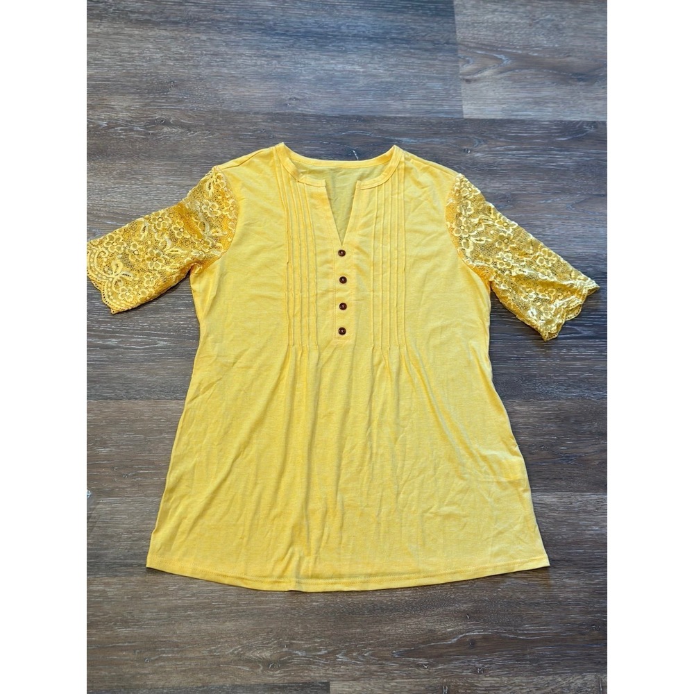 Pleated‎ Button Short Sleeve T-Shirt V-Neck Solid Color Casual Lace